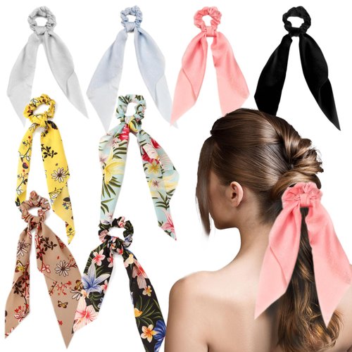 8 Pcs Hair Scarf Scrunchies Women Girl White Light Pink Blue Black Solid Color Floral Ribbon Scrunchies Set Ties Chiffon Knotted Bow Ponytail Elastic