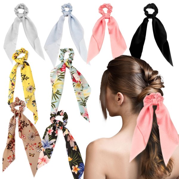 8 Pcs Hair Scarf Scrunchies Women Girl White Light Pink Blue Black Solid Color Floral Ribbon Scrunchies Set Ties Chiffon Knotted Bow Ponytail Elastic