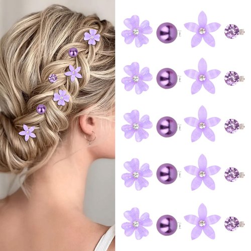 YISSION 20Pcs Mini Flower Hair Clips Cute Rhinestone Hair Pins Small Pearl Hair Clips Decorative Hair Clips Wedding Hair Barrettes Purple Hair Clips Bridal Hair Accessories for Girls Women