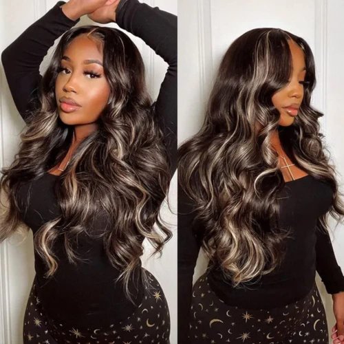 Nadula Chocolate Brown Blonde Body Wave 13x4 Lace Front Wigs Human Hair Transparent Lace Frontal Wig with Balayage Highlights Glueless Colored Wig Pre Plucked Natural Hairline 150% Density 20inch