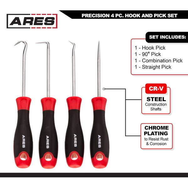 ARES 70256 - Precision Hook and Pick Set - 4-Piece Set Includes Precision 90 Degree, Hook, Combination and Straight Hooks and Picks - Chrome Vanadium Steel Shaft - Easily Remove Hoses and Gaskets