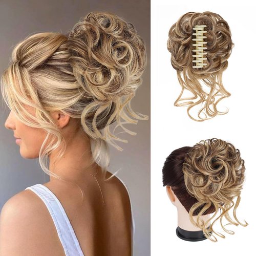 Foaoit Messy Bun Hair Piece for Updos Claw Clip Bun Hair Accessories for Women Messy Wavy Curly Fake Hair Bun Extensions Synthetic Hair Extensions (Light Brown mix Blonde)
