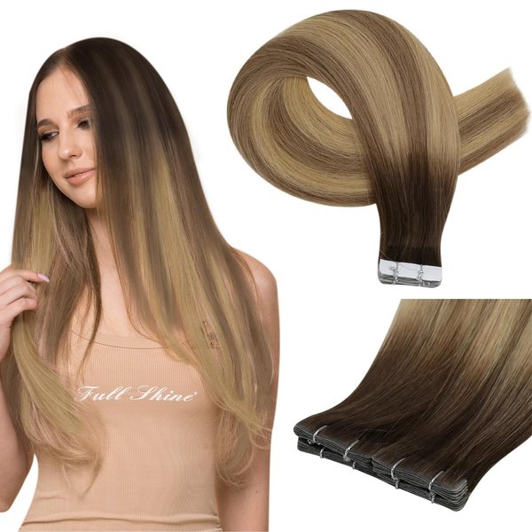 Full Shine Tape in Hair Extensions Real Human Hair Balayage Color 3/8/22 Insert Machine Virgin Tape in Hair Extensions 25Gram Injection Tape Ins Human Hair Extensions 10Pcs 20Inch Skin Weft Hair
