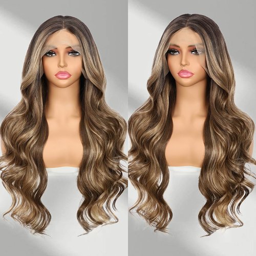 BABEHERS Brown mix Blonde Lace Front Wig for Women 13x4 Body Wave Synthetic Wigs Highlight Pre-plucked Long Wavy Wig 150% Density Heat Resistant Hair Replacement Wigs 26 Inch