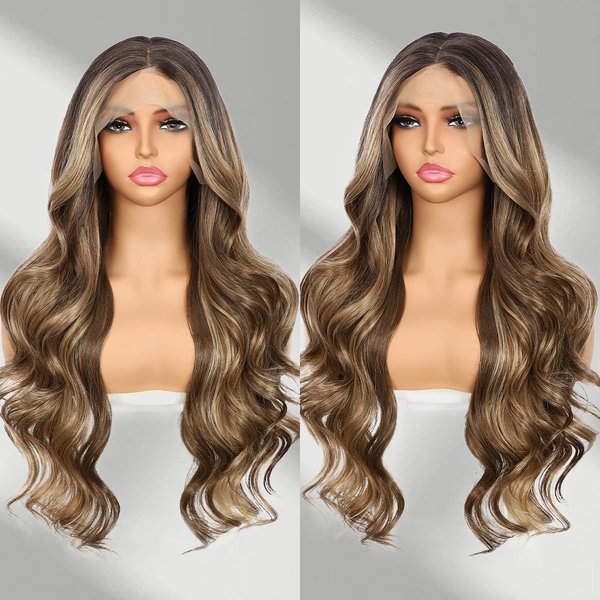 BABEHERS Brown mix Blonde Lace Front Wig for Women 13x4 Body Wave Synthetic Wigs Highlight Pre-plucked Long Wavy Wig 150% Density Heat Resistant Hair Replacement Wigs 26 Inch