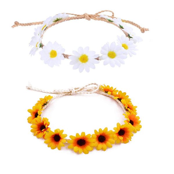 Sunflower Crown Flower Headbands Wreath for Women Girls White Daisy Flower Headband Bridal Headpiece Party Festivals Head Band Hair Accessories 2pcs