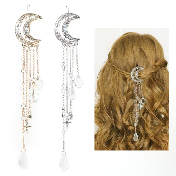Boobeen 2 Pcs Women Moon Hair Clip Alloy Drop Hair Pins Crystal Dangle Bobby Pins - Girls Lady Bridal Jewelry Tassel Hair Accessories Silver Rose Gold