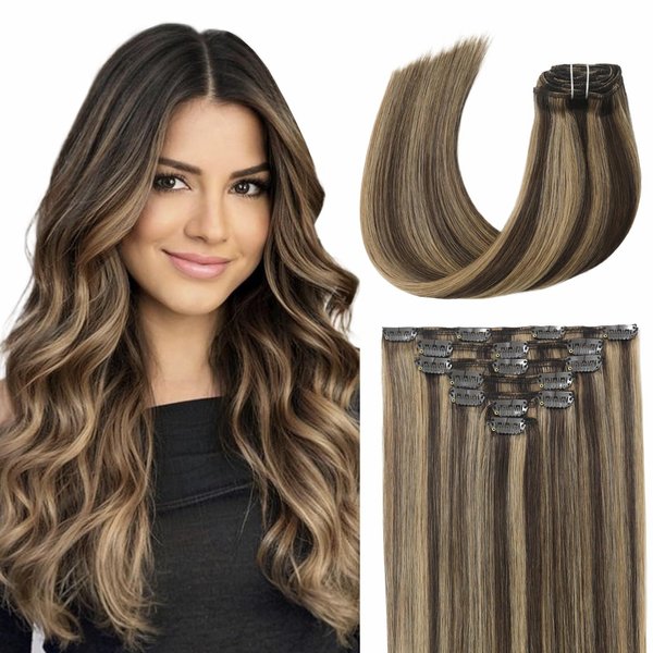 EYEFULL STELL Human Hair Extensions Clip in 18 inch 120g 7PCS Straight Natural Clip ins Real Remy 100% Human Hair Extensions Chocolate Brown To Caramel Blonde Double Weft Thick Layered Clip on Hair