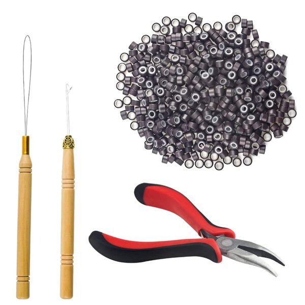 XINMEIWEN Hair Extension Kit Pulling Hook Bead Device Tool Kits and 500 Pieces Silicone Lined Micro Rings for Professional Hair Styling Tools Accessory (Dark Brown)