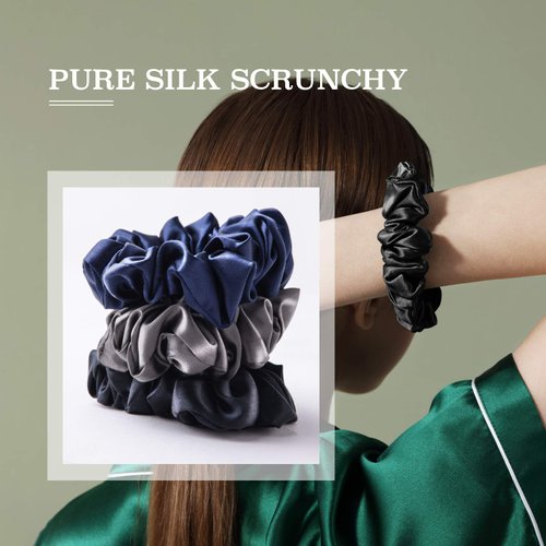 MTSNOO Silk Scrunchies for Hair Sleep 100% Pure 22 Momme Mulberry Silk Scrunchies for Curly Hair with Elastic Band 3 Pack Silk Hair Ties Ropes Scrunchies Set for Women Girls