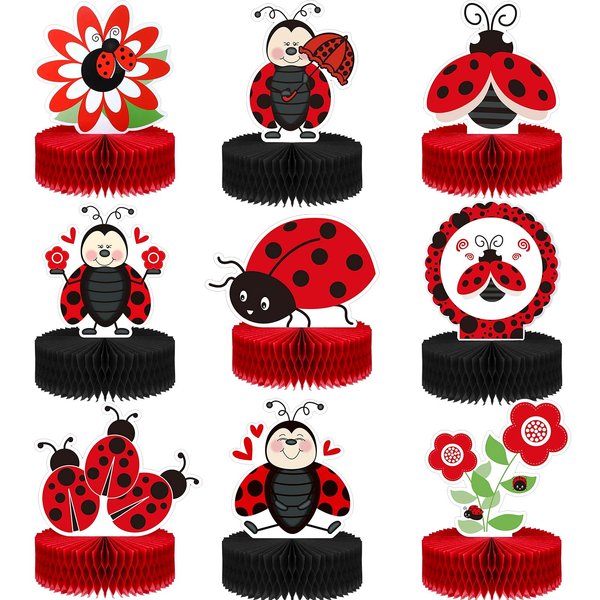 9 Pieces Ladybug Party Decorations Supplies Ladybug Table Decorations Honeycomb Centerpieces Birthday Party Cake Decorations Creative Fancy Ball Table Topper Ladybug Paper for Baby Shower Supply