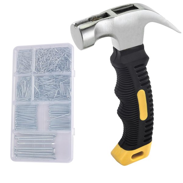 750PCs Nails for Hanging Pictures Assortment Kit & 8oz Small Hammer - 6 Sizes Small Nails and Mini Hammer Set for Picture Hanging, Wall Nails for Hanging