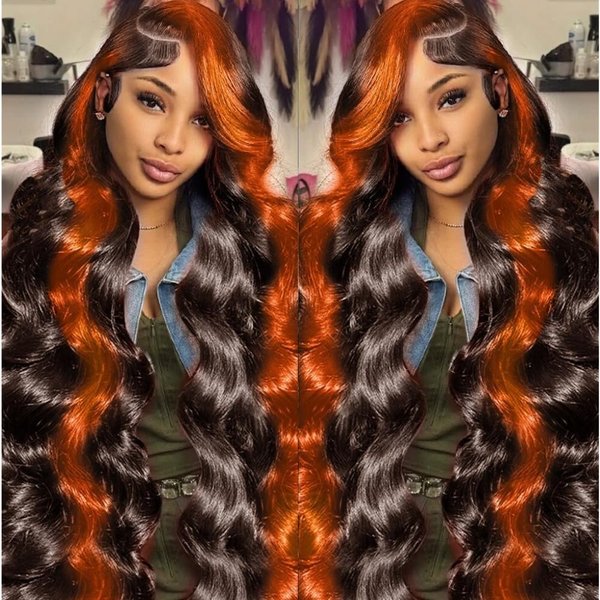12A 200% Density 13x6 Lace Front Wigs Human Hair Pre Plucked Highlight 13x6 HD Lace Front Wigs Ginger Orange Colored Human Hair Wigs for Women Glueless Body Wave Ombre Wig Brazilian Hair22inch