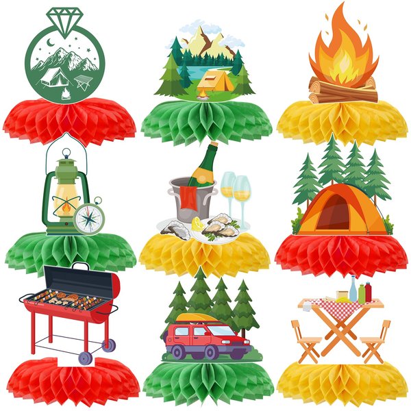 Hokinaa Camp Bachelorette Party Decorations - 9 Pcs Camping Honeycomb Centerpieces 3D Double Sided Table Toppers Decoration Outdoor Bridal Shower Decor Camping Bachelorette Theme Party Supplies