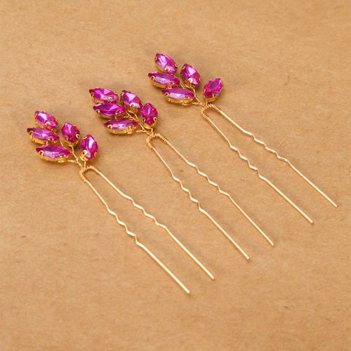 Girls' Princess Hair Ornament Sparkly Crystal Beaded Junior's School Party Hair Pins Homecoming Sweet 16 Headpieces Pack of 3,Fuchsia