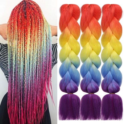 HAIRCUBE Ombre Braiding Hair 24 Inch 3 Packs Pre Stretched Box Braids Colorful Rainbow Twist Braiding Hair Extensions Synthetic Crochet Braiding (Rainbow Color)