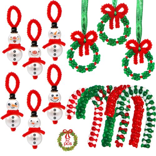 JOTFA Christmas Beaded Ornaments Kit, 32 Pieces Christmas Crafts Kit Snowman Wreath Candy Cane DIY Ornaments for Kids Supplies Xmas Tree Christmas Party Decorations (Assembly Needed)