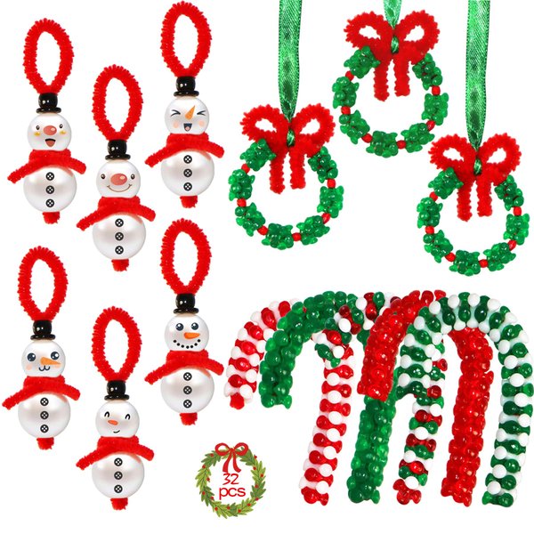 JOTFA Christmas Beaded Ornaments Kit, 32 Pieces Christmas Crafts Kit Snowman Wreath Candy Cane DIY Ornaments for Kids Supplies Xmas Tree Christmas Party Decorations (Assembly Needed)