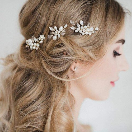 Unicra Silver Bride Wedding Hair Pins Pearl Bridal Hair Pieces Flower Hair Accessories Rhinestone Prom Hair Clips for Women and Girls (Pack of 3)