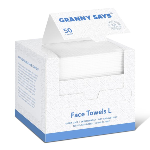 GRANNY SAYS Disposable Face Towel, Face Towelettes Disposable, Biodegradable Face Towels, Thickness Soft Clean Face Towels, Facial Towels for Sensitive Skin, Travel, Makeup Remover, 8"x10", 50 Count