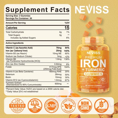 Iron Supplement for Women & Men, Non-Constipating 25 mg Carbonyl Iron with Vitamin C, B-Complex & 600mg Turmeric, Blood Builder Iron Gummies for Anemia, Iron Deficiency, No Nausea, Chewy Iron, 120Cts