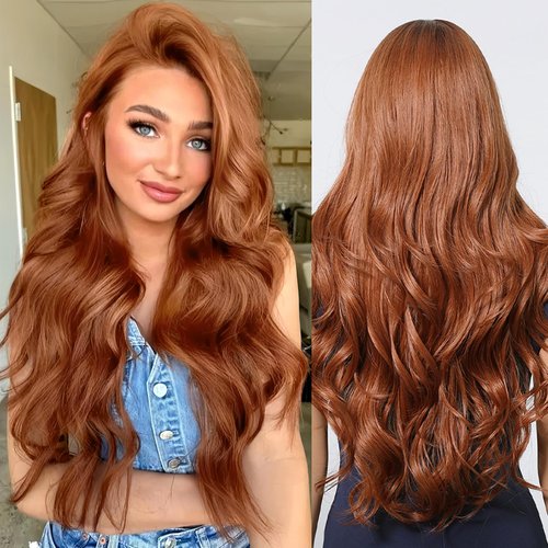 testar Auburn Wigs For White Women Long Wavy Middle Part Auburn Red Wigs Copper Hair Wigs Natural Lace Hair line Wig Synthetic Heat Resistant Wigs For Girls Daily Cosplay Use 26 IN