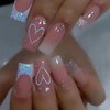 Square Press on Nails Medium Length - French Tip Press on Nails Heart Deign, Glossy Pink Fake Nails with Adhesive Glue Stickers, Reusable Stick on Nails in 12 Sizes, 24Pcs Valentine’s Day French Nails