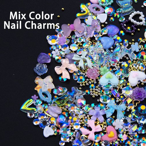 3D Mix Assorted Color Nail Charms Acrylic Multi Shapes Color Heart Flower Bowknot Hollow Pearls Nail Rhinestones Cute Charms for Nail Art Manicure DIY Crafts Accessories