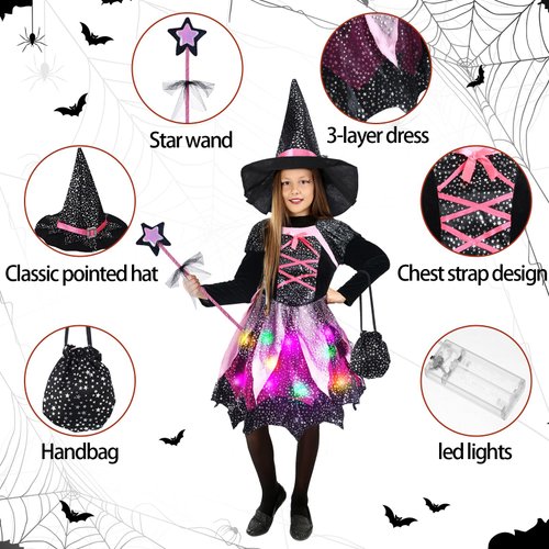 Giegxin Girls Light up Witch Costume Set Toddler Witch Halloween Cosplay Costumes with Hat, Magic Wand and Tote Bag for Party (Medium (7-9yr))