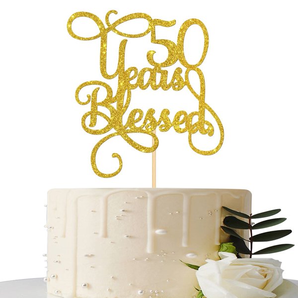 Gold Glitter 50 Years Blessed Cake Topper - for 50th Wedding Anniversary / 50th Anniversary Party / 50th Birthday Party Decorations