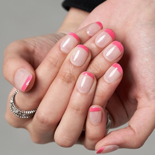 GLAMERMAID Press on Nails Short Squoval,Hot Pink French Tips False Nails with Design,24 Pcs Extra Short Glue on Nails UV Glossy Reusable Acrylic Stick on Nails for Women Girls Gift