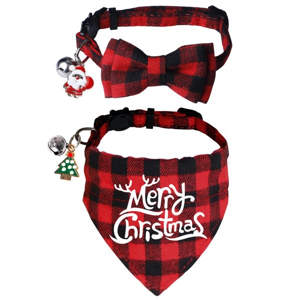 STMK 2 Pack Christmas Cat Bandana Collar with Bell, Breakaway Holiday Cat Kitten Bandana Collar with Bell Santa Christmas Tree for Christmas Cats Kittens Costume Decorations