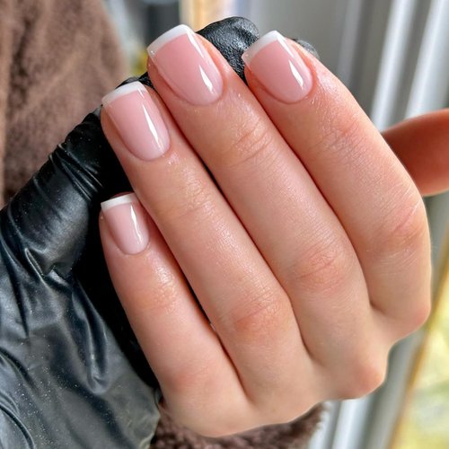 Bellelfin 120Pcs White French Tip Press on Nails Short Square Fake Nails, Full Cover Glossy Pink False Nails Acrylic Glue on Nails Cute Artificial Fingernails for Women Girls