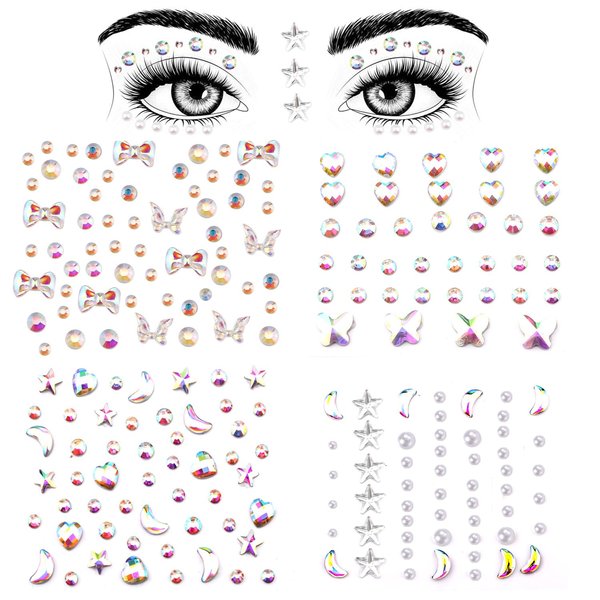 4 Sheets Face Gemstones, Crystal Face Jewels Stickers Rhinestones for Makeup Hair Gems Pearl Face Rhinestone Tattoos for Crafts Women Girls Face Eye Makeup (Bow Tie Style)