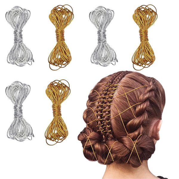 6 Pack Hair Strings for Braids, 5 Meters Dreadlock Braids Hair Strings, Stretchable Hair Wrap String Braiding Rope, Hair Styling Accessories for Hair Deco Sliver Gold