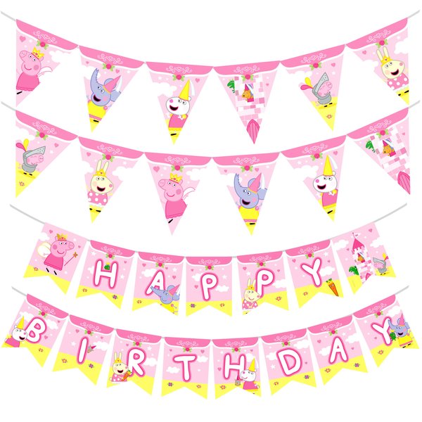 Treasures Gifted Princess Peppa Pig Banner Set of 3 - (1) Peppa Pig Birthday Banner & (2) Peppa Birthday Banner Triangle Pennants - Officially Licensed Peppa Pig Birthday Party Supplies