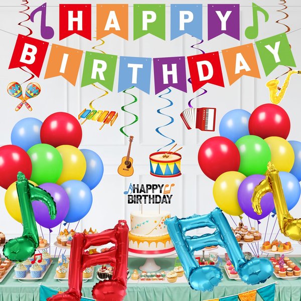 Music Birthday Party Decoration Set, Music Notes Party Favors Decor for Kids Happy Birthday Foil Balloon Banner Musical Note Guitar Birthday Cake Topper Hanging Swirl Karaoke Themed Party Supplies