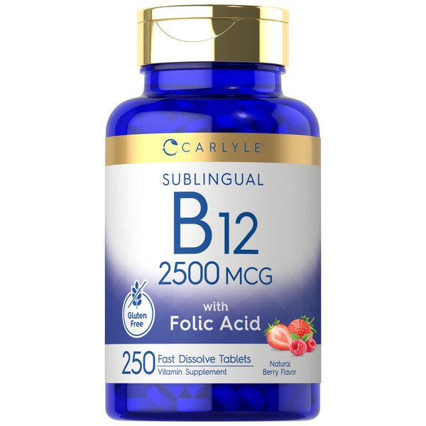 Carlyle Vitamin B12 Sublingual 2500 mcg | 250 Fast Dissolve Tablets | Cyanocobalamin Supplement with Folic Acid for Adults | Natural Berry Flavor | Vegetarian, Non-GMO, and Gluten Free