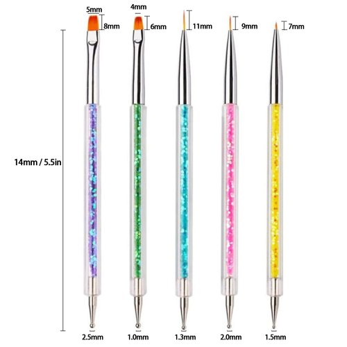 AIBEE Nail Art Brushes, 5pcs Double-Ended Acrylic Nail Brush Including 7/9/11mm Nail Liner Brush Flat Brushes and Nail Dotting Tools for Nail Art Design