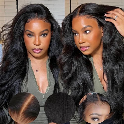 KLAIYI Bye Bye Knots Glueless Wig Yaki Straight 7x5 Pre Cut Lace Front Wigs Human Hair Put On and Go Wigs for Beginners Pre Bleached Pre Plucked No Glue 30S Easy to Wear Kinky Wigs for Women 14Inch