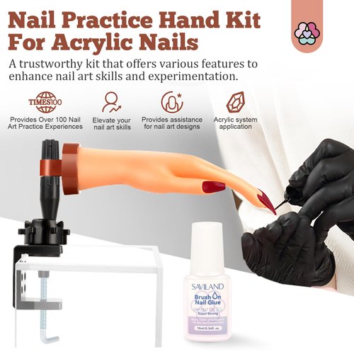 SAVILAND Practice Hand for Acrylic Nails: Flexible & Realistic Nail Practice Hand Mannequin Hand Silicone Nail Hand Practice with 120PCS Nail Tips Nail Glue for Beginners Manicure Training Home