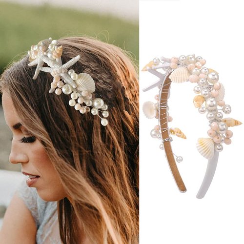 Kesvb Starfish Headband Silver Bride Pearl Hair Band Sea Shell Headpiece Beach Wedding Hair Accessories for Women and Girls