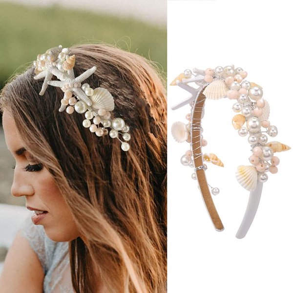 Kesvb Starfish Headband Silver Bride Pearl Hair Band Sea Shell Headpiece Beach Wedding Hair Accessories for Women and Girls