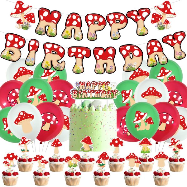 Jungle Mushroom Birthday Party Decoration Set Include Banner Balloons Cake Topper Cupcake Toppers For Kids Birthday Decorations Supplies