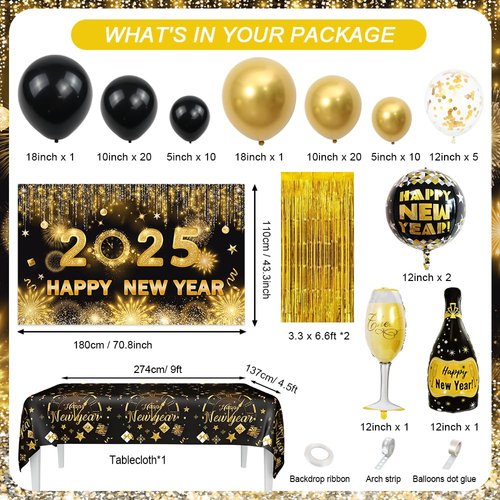 AIBIIN 78Pcs Black and Gold New Years Decorations 2025 Happy New Year Decorations Kit New Year Banner, New Year Balloon Arch and Gold Foil Fringe Curtain for 2025 New Years Eve Party Supplies