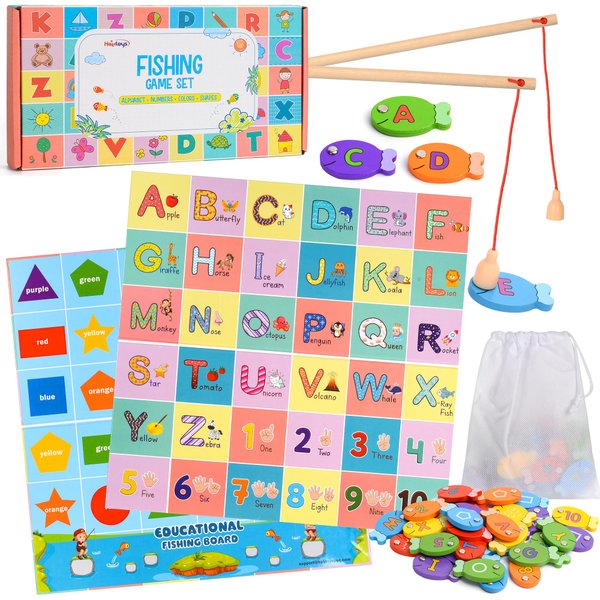 Montessori Fishing Game Set for Toddlers – Magnetic Fish Toys with Alphabet, Numbers, Shapes & Colors | 36 Wooden Fish, 2 Poles & Eco-Friendly Board | Safe & Burr-Free Educational Toy