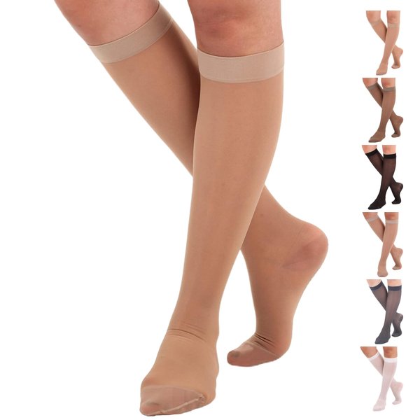 Made in USA - Sheer Compression Socks for Women 15-20 mmHg - Support Hose Knee High Stockings - Natural, Medium
