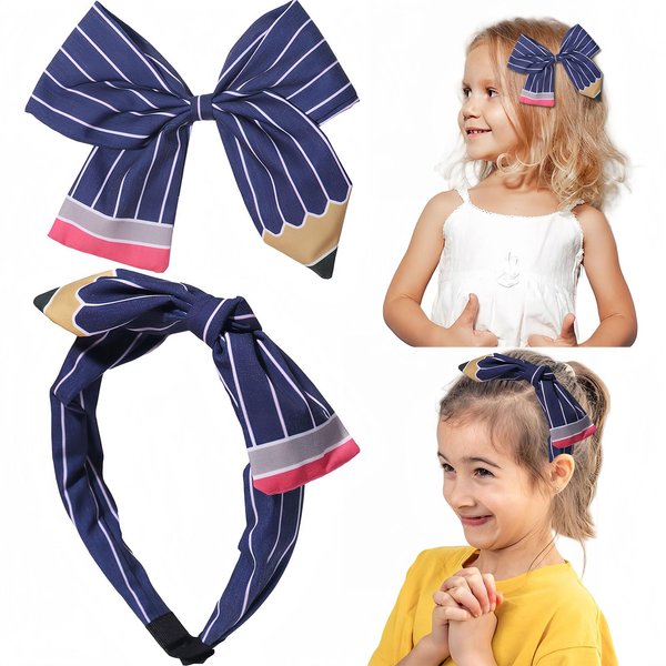 Vsdski Back To School Headband Pencil Hair Bow Clips Cute Bow Hair Accessories for Girls Blue Pencil Bows Hair Bands Student Teacher Outfits First Day of School Welcome Party Decor
