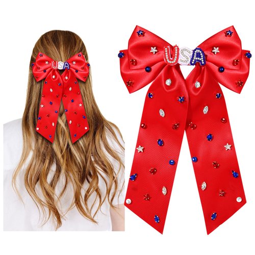 4th of July Bows for Women Red White and Blue Hair Bows Fourth of July Hair Accessories American Flag Star USA Hair Bow Clips Ribbon Ponytail Holder 4th of July Accessories Outfits Gifts (Pattern A)
