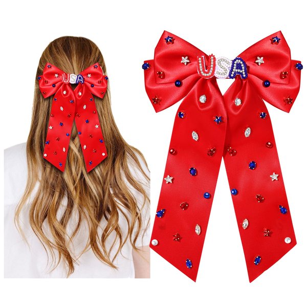 4th of July Bows for Women Red White and Blue Hair Bows Fourth of July Hair Accessories American Flag Star USA Hair Bow Clips Ribbon Ponytail Holder 4th of July Accessories Outfits Gifts (Pattern A)